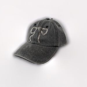 🎀 Gray Rhinestone Bow Baseball Cap | Adjustable Glam Hat